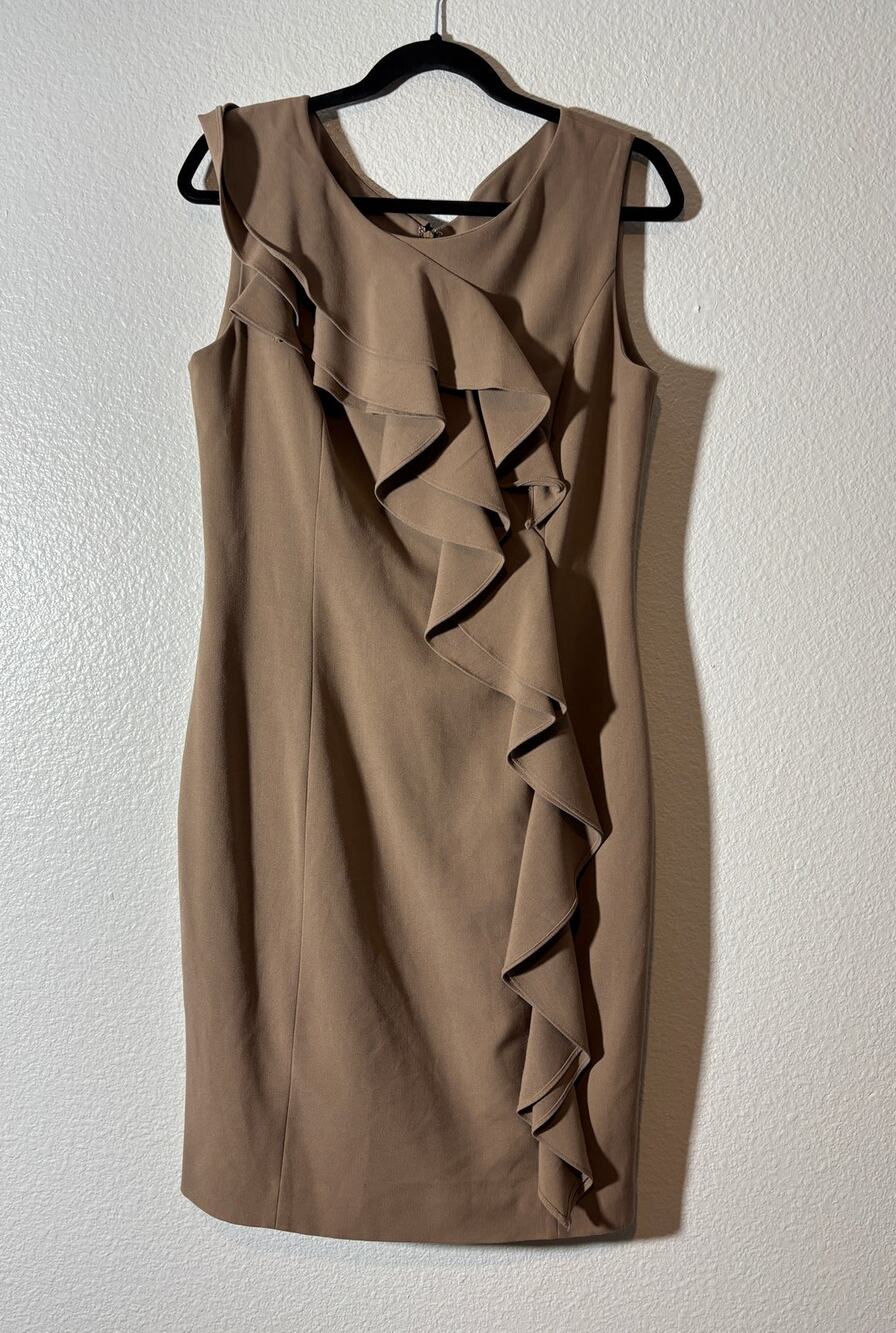 Calvin Klein Women's Size 10 Tan Sleeveless Sheath Ruffle-Front Cocktail Dress